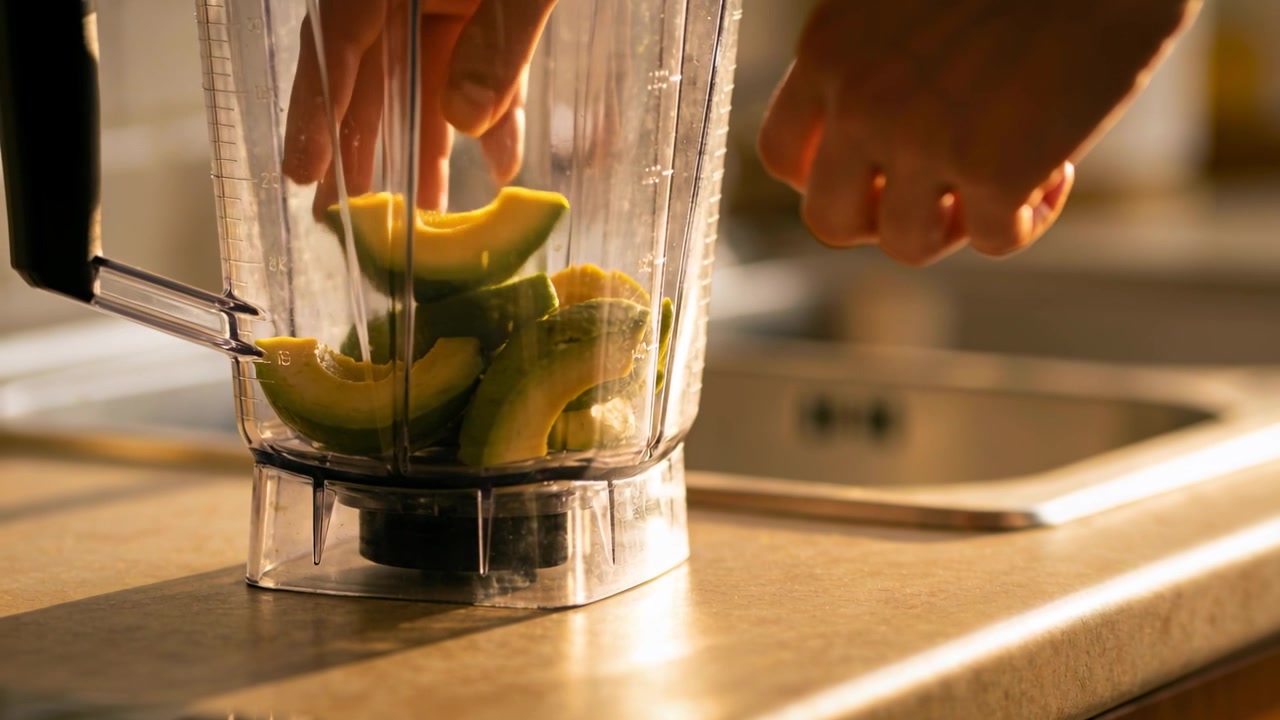 Mani che mettono fette di avocado in un frullatore trasparente sul bancone della cucina, preparando una purea.