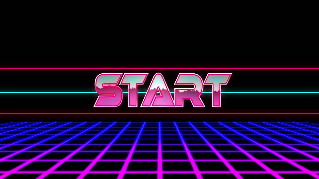 Animação de texto inicial sobre linhas e padrões neon