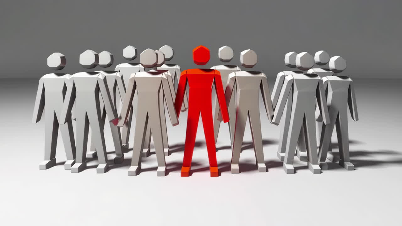 Single Red Figure Among a Group of Gray Figures