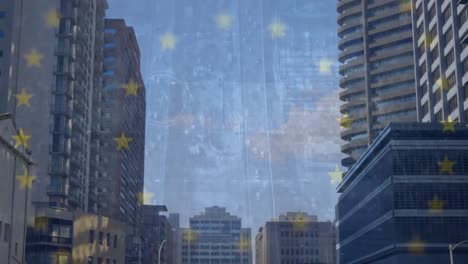 Animation-of-flag-of-european-union-with-scanner-processing-data-over-modern-tower-blocks