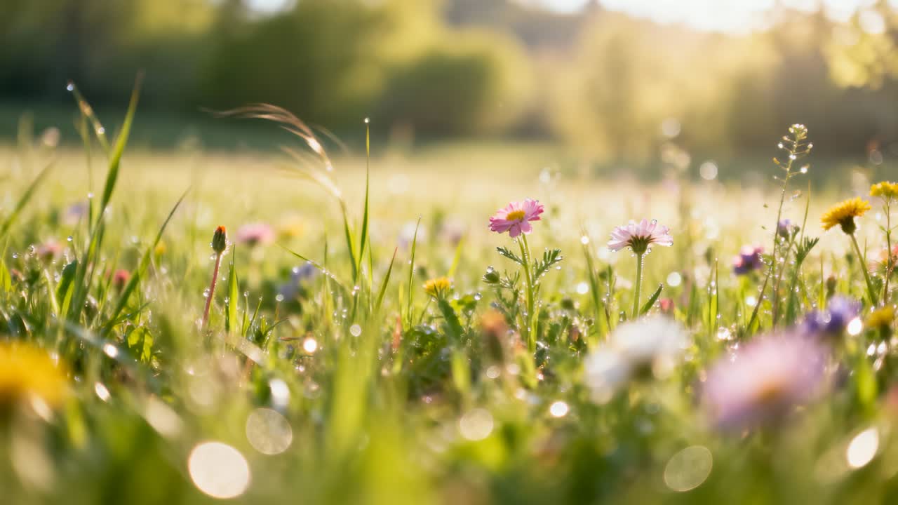 Swaying pink and white daisies sparkling with dew from breeze and golden sun in low-angle meadow