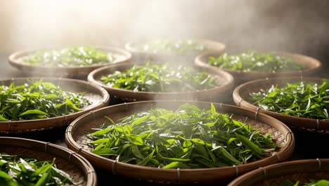 steaming green leaves in traditional baskets: a captivating visual of tea processing with steam rising, highlighting nature's vibrant freshness and artisan techniques