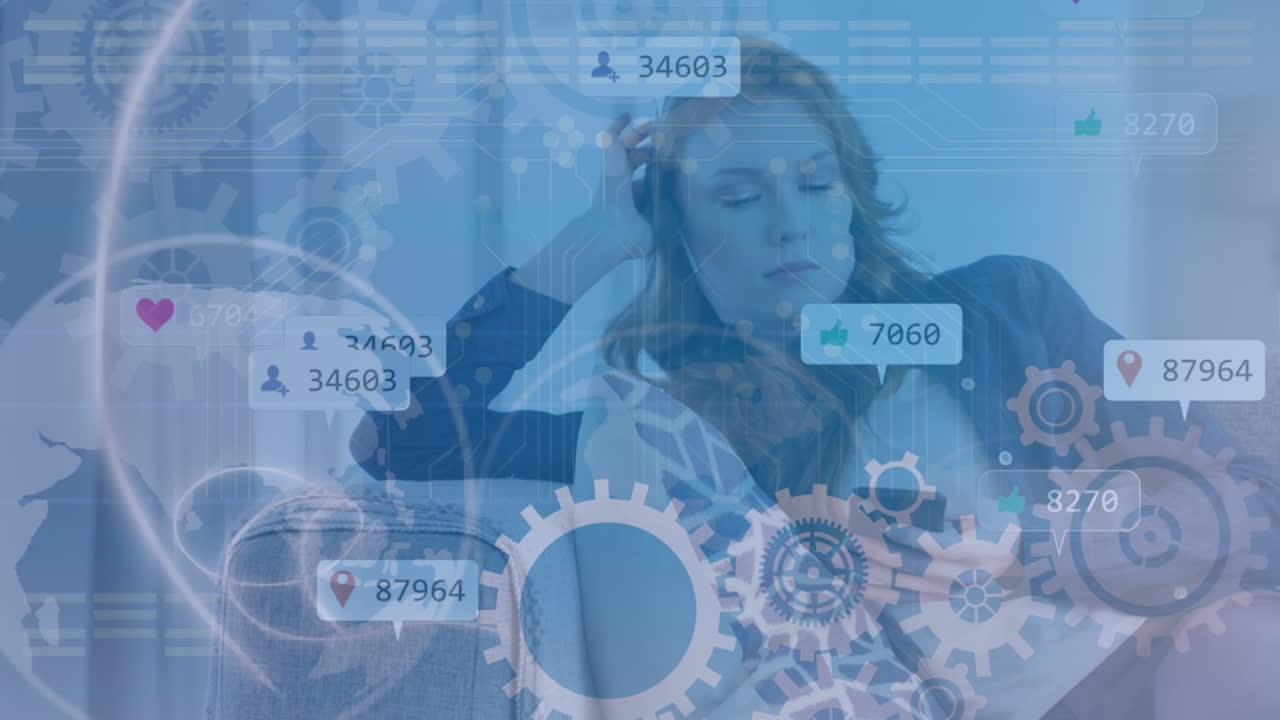 스마트 폰을 사용하는 백인 여성에 대한 데이터 처리 및 아이콘의 애니메이션