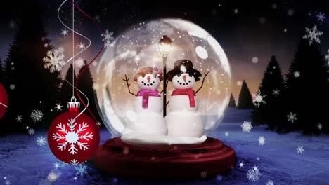 Animation-of-snow-globe-with-snowman-and-christmas-baubles-over-snow-falling-and-winter-landscape