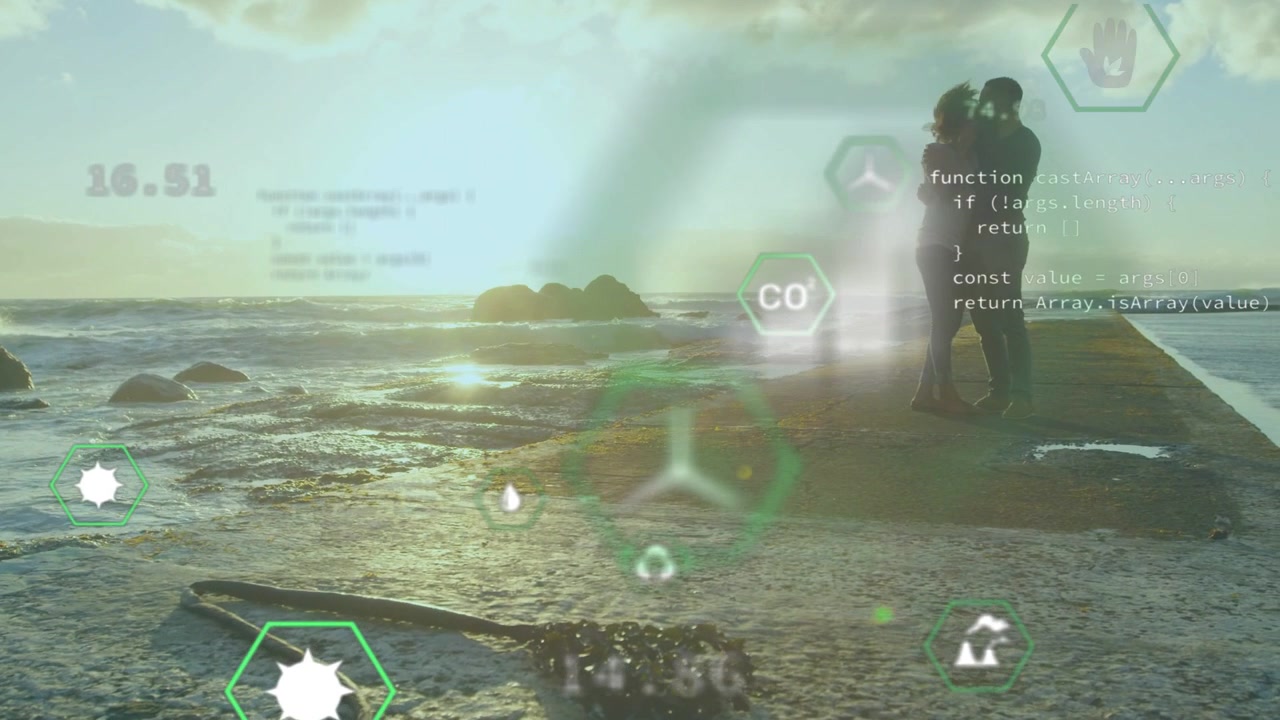 Couple hugging jetty at sunset environmental data starting and moving around couple showing CO or CO