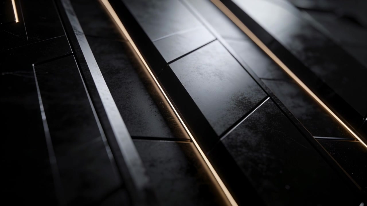 Câmera em movimento revelando a textura em três painéis de metal preto fosco paralelos em estúdio, com uma linha de LED