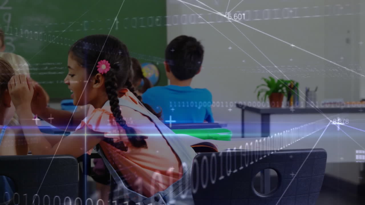 Girl leaning over desk whispering to classmate in education, featuring chalkboard and data overlays