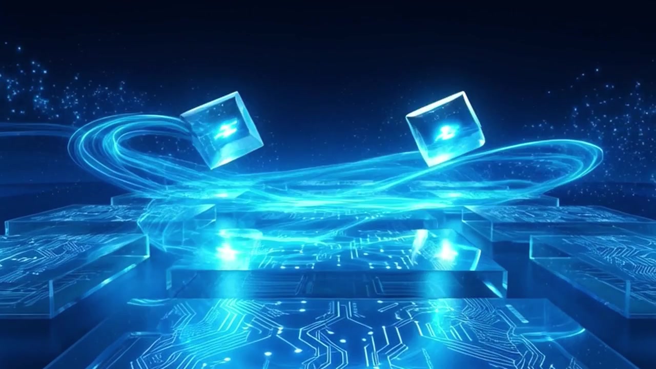 Abstract Digital Circuit Board with Floating Glowing Cubes and Light Trails
