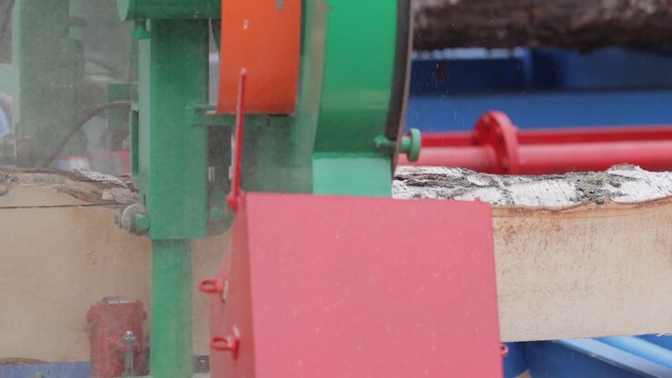 Work of the sawmill in close-up. Process of machining logs in equipment sawmill machine saw saws the tree trunk on the plank boards.