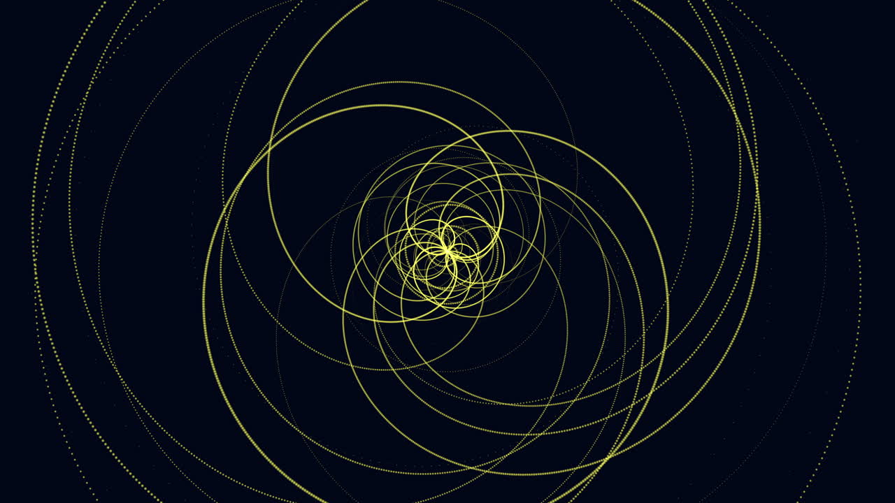 A geometric design featuring circular patterns made of lines and dots, some circles larger than others, set against a dark background, creating a visually striking and symmetrical composition