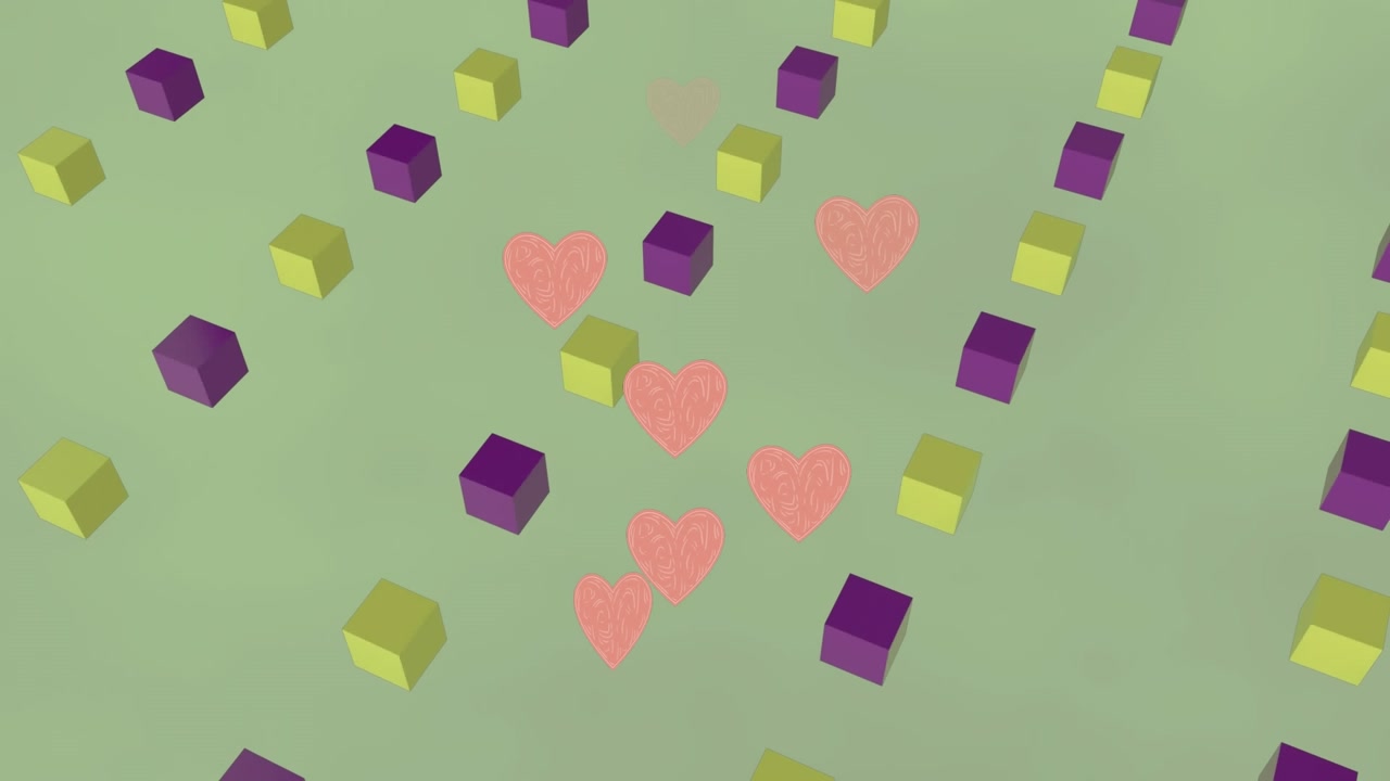 Animación de corazones sobre formas coloridas en un fondo verde.