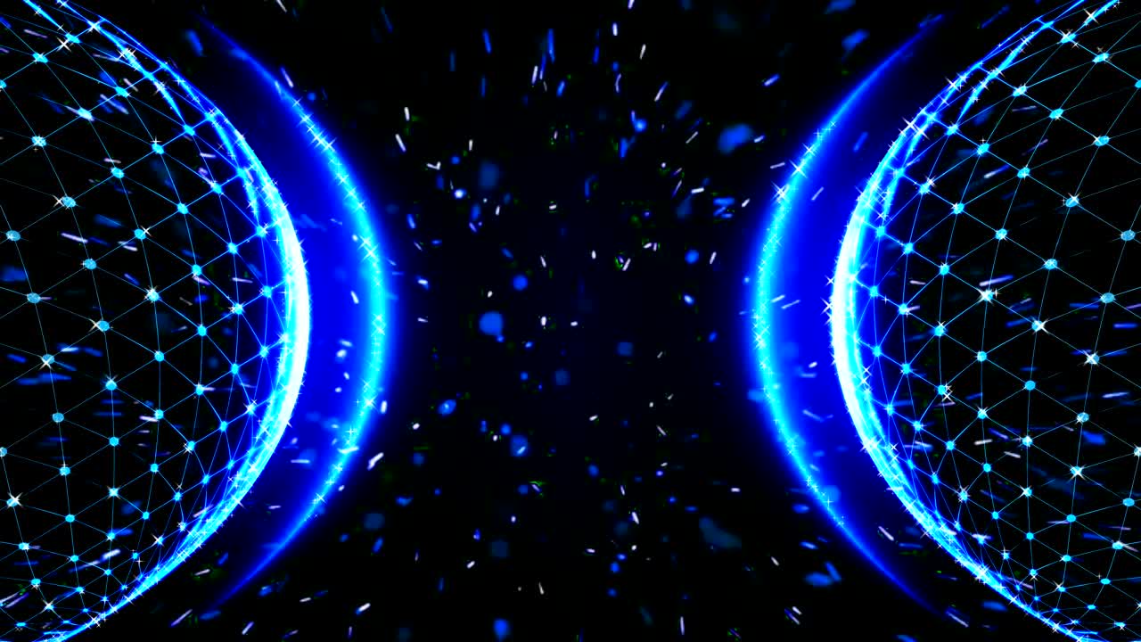 어두운 우주 배경에 반이는 파란색 입자가 있는 두 개의 반이는 행성 공의 애니메이션 일러스트레이션.