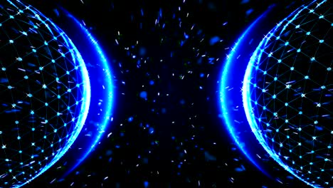 ilustración animada de dos bolas planetarias brillantes con partículas azules brillantes en un fondo espacial oscuro.