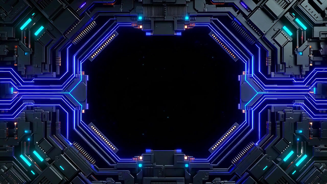 Bingkai Papan Sirkuit Futuristik dengan Lampu Neon Biru Bercahaya.