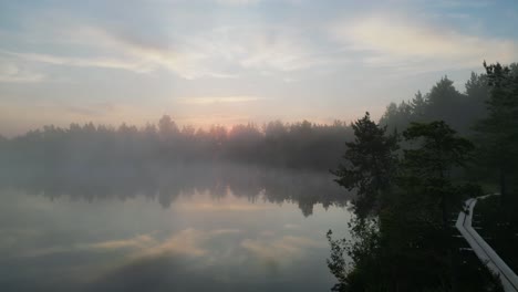 Ethereal-flight-past-evergreens-and-boardwalk-on-foggy-lake-at-sunrise