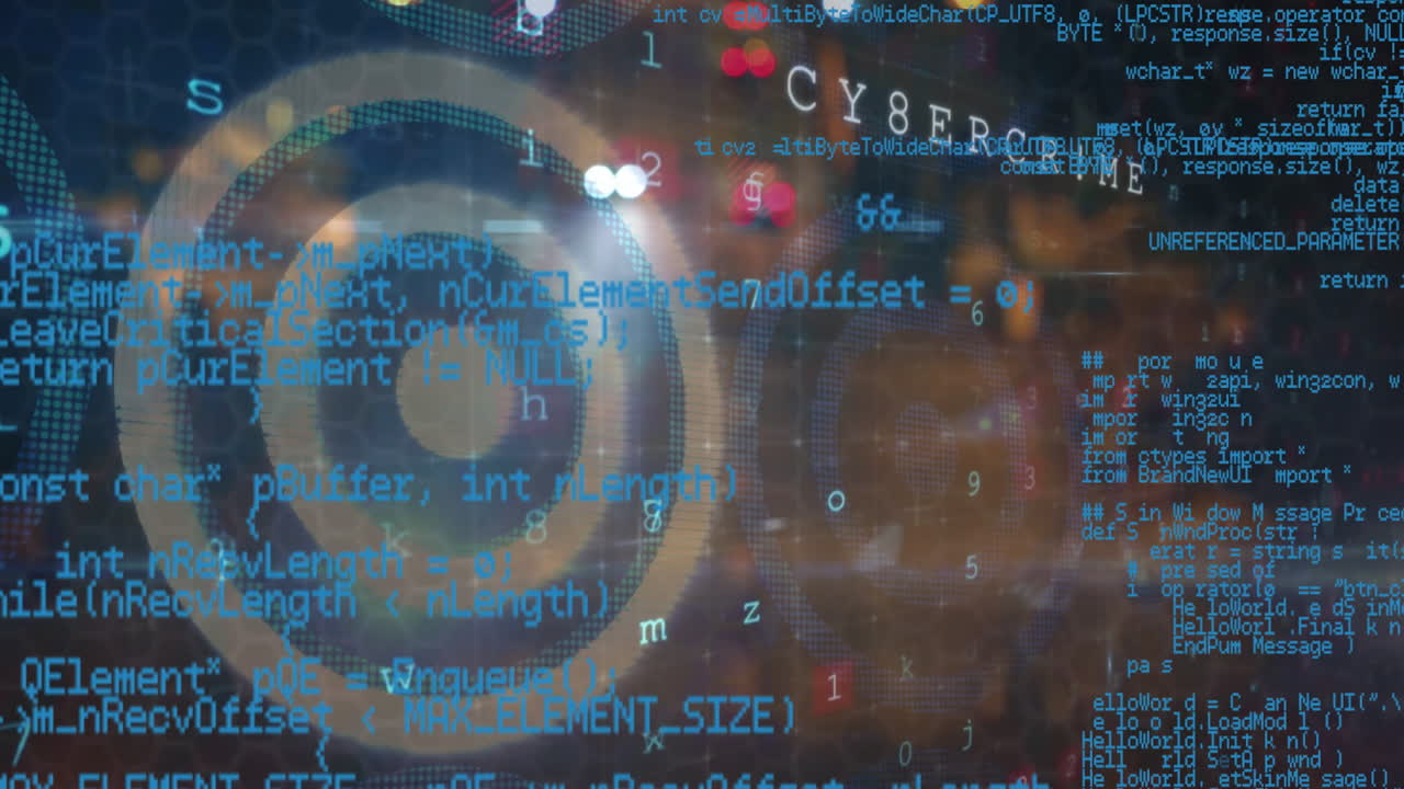 Digital code overlaying animation on technology background with cybercrime text