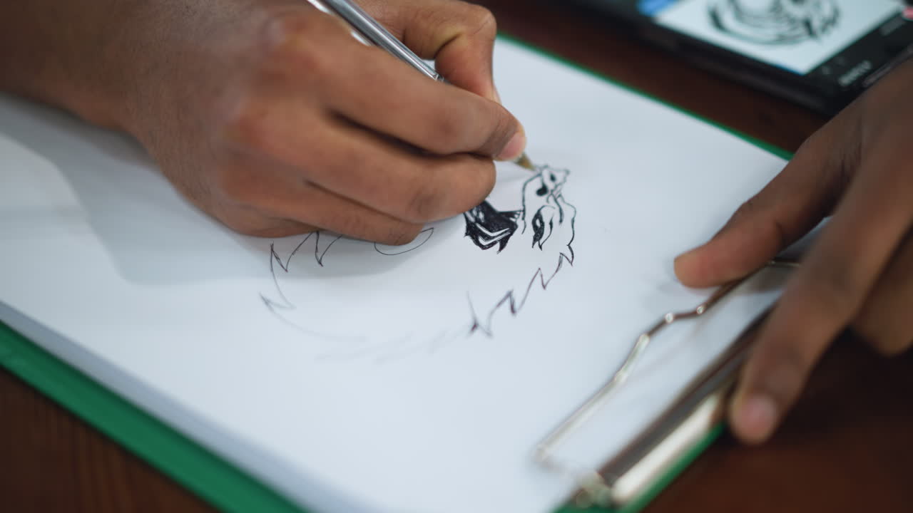 Closeup showing artist sketching upper animal teeth on paper with fine pencil strokes capturing enamel texture and dental structure under soft light highlighting precision and creative process