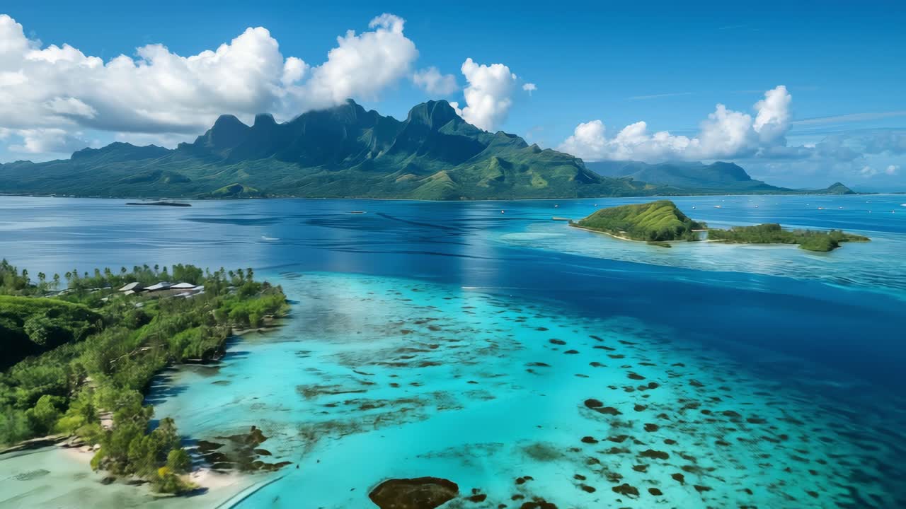 Breathtaking aerial view revealing tropical islands with crystal clear turquoise waters, vibrant coral reefs, lush vegetation, and majestic mountains beneath a perfect blue sky