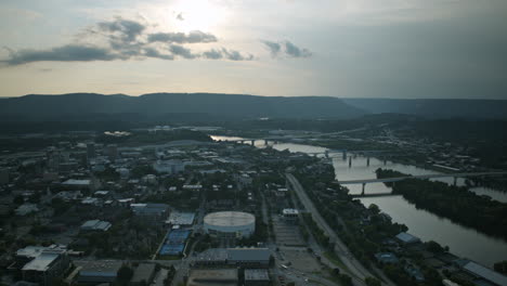 aerial hyperlapse rotating around downtown chattanooga, tennessee revealing the bridges and the tennessee river