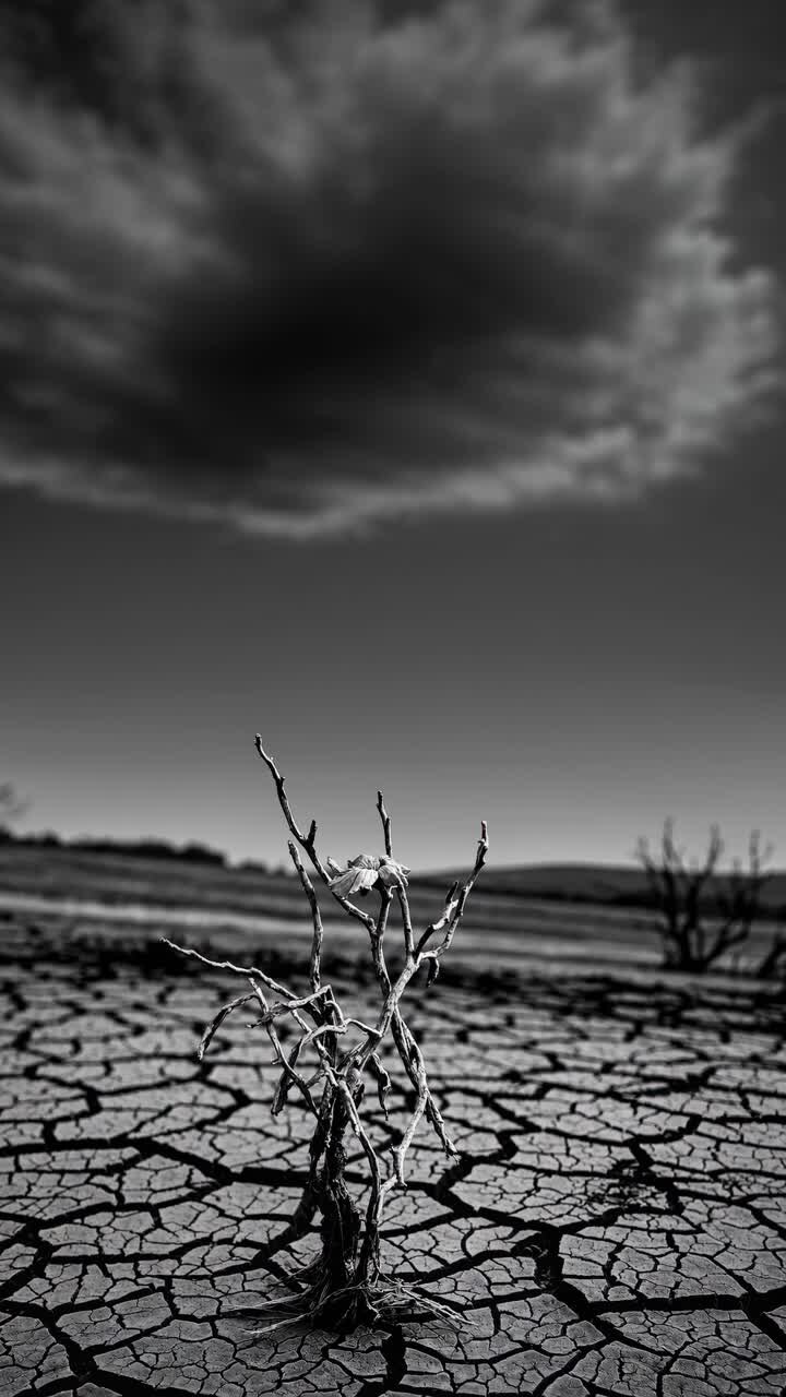 Dramatic low-angle shot of a barren landscape with cracked earth and a lone twig, under a moody sky
