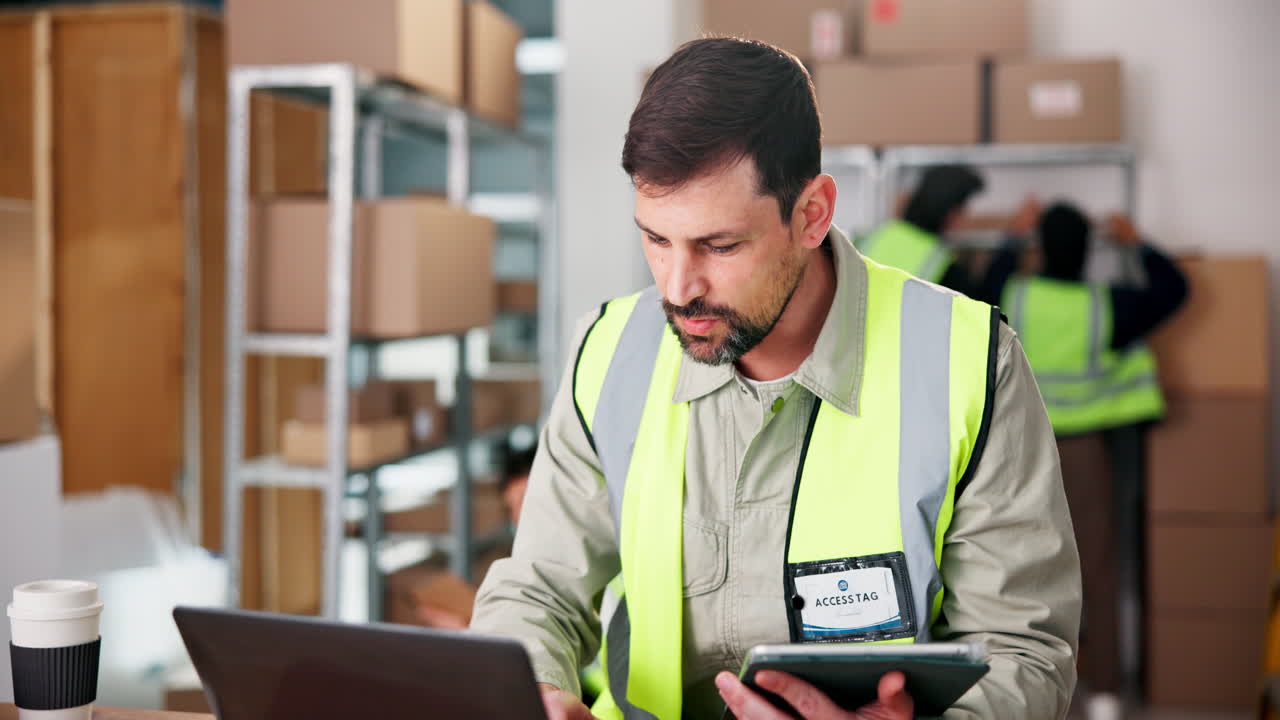 Warehouse worker using laptop and tablet