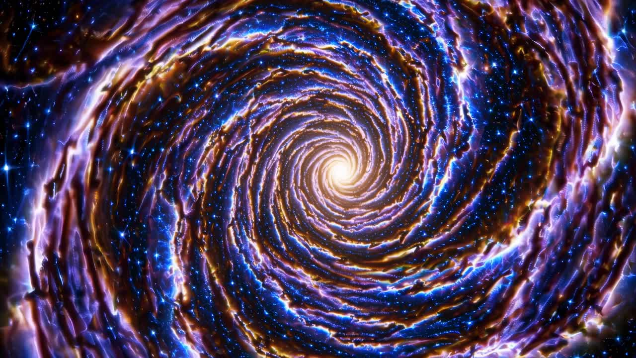 Una galassia a spirale ipnotizzante con stelle luminose, ripresa da un'angolazione dall'alto, che assomiglia a un cosmico.