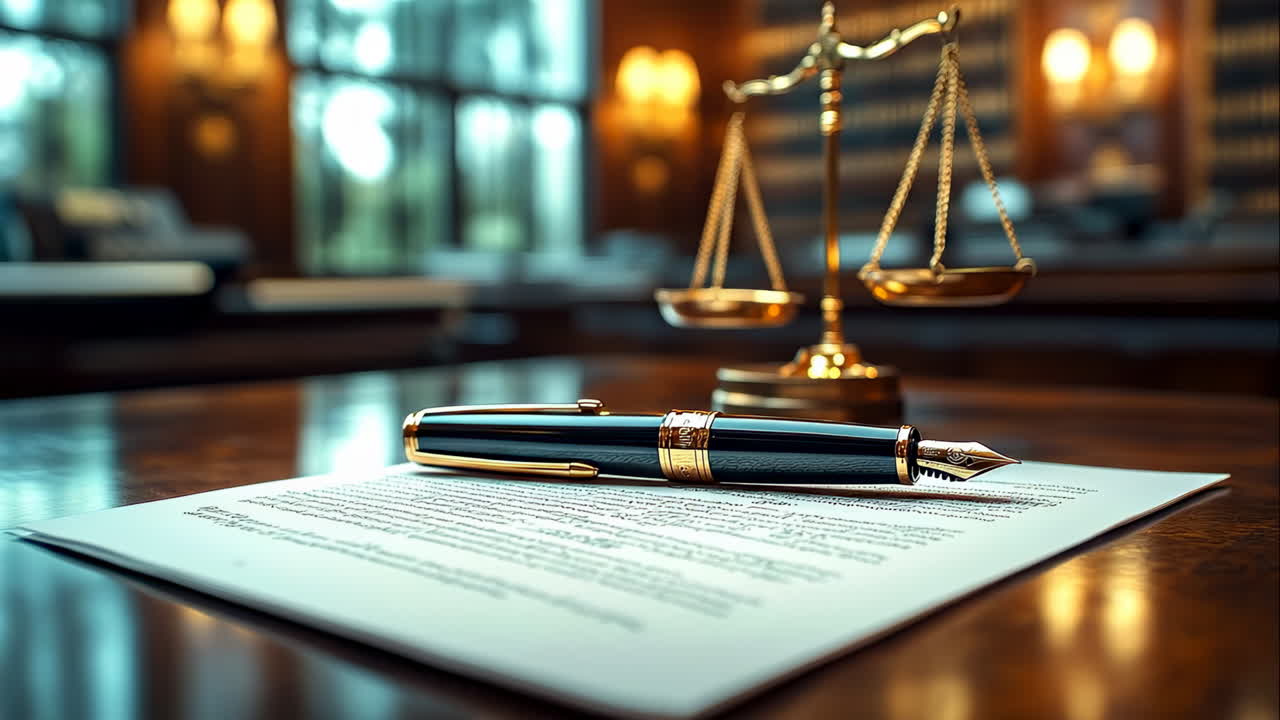 Legal document and fountain pen. Fountain pen lies on a signed document in a law office. Scales of justice are visible in the blurred background