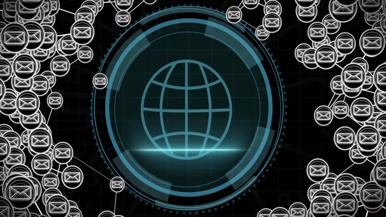 red de iconos de mensajes y texto de seguridad cibernética sobre escáner redondo contra un fondo negro