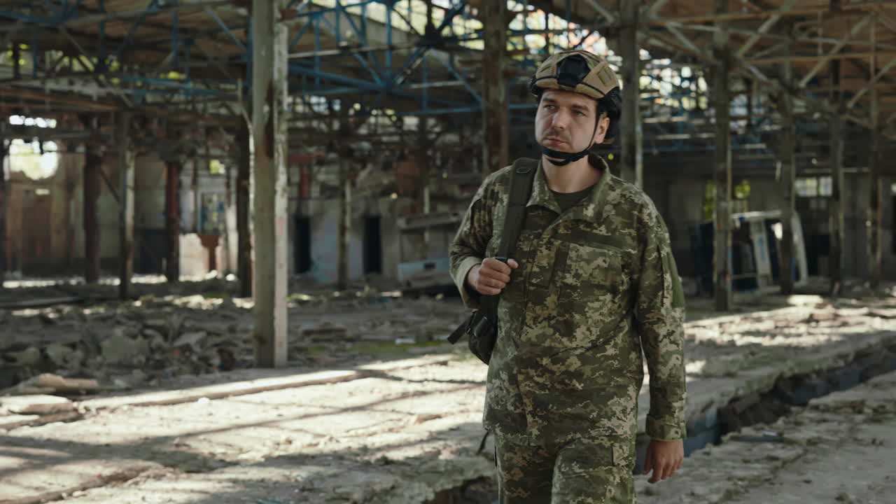 Soldier in a Destroyed Factory