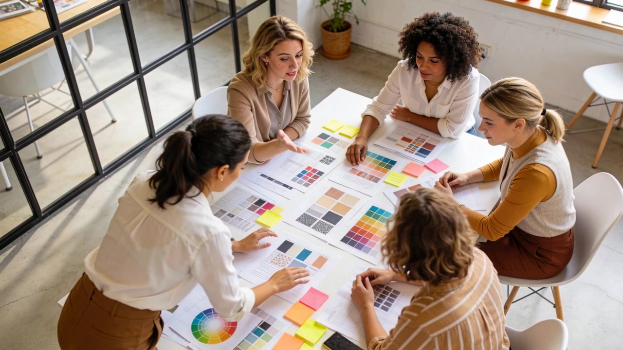 Starting swatches, five women wearing business moving sticky notes at meeting table choosing hues