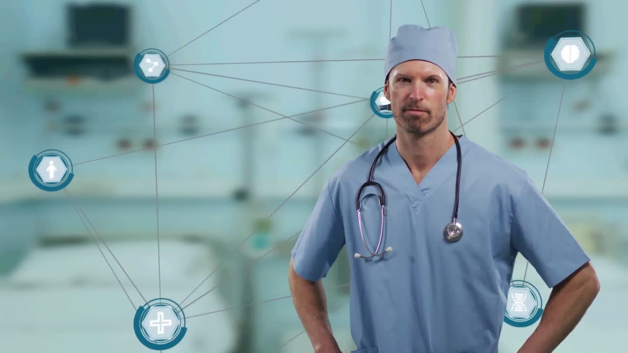 porträt eines kaukasischen männlichen chirurgen gegen einen globus aus sich drehenden medizinischen ikonen