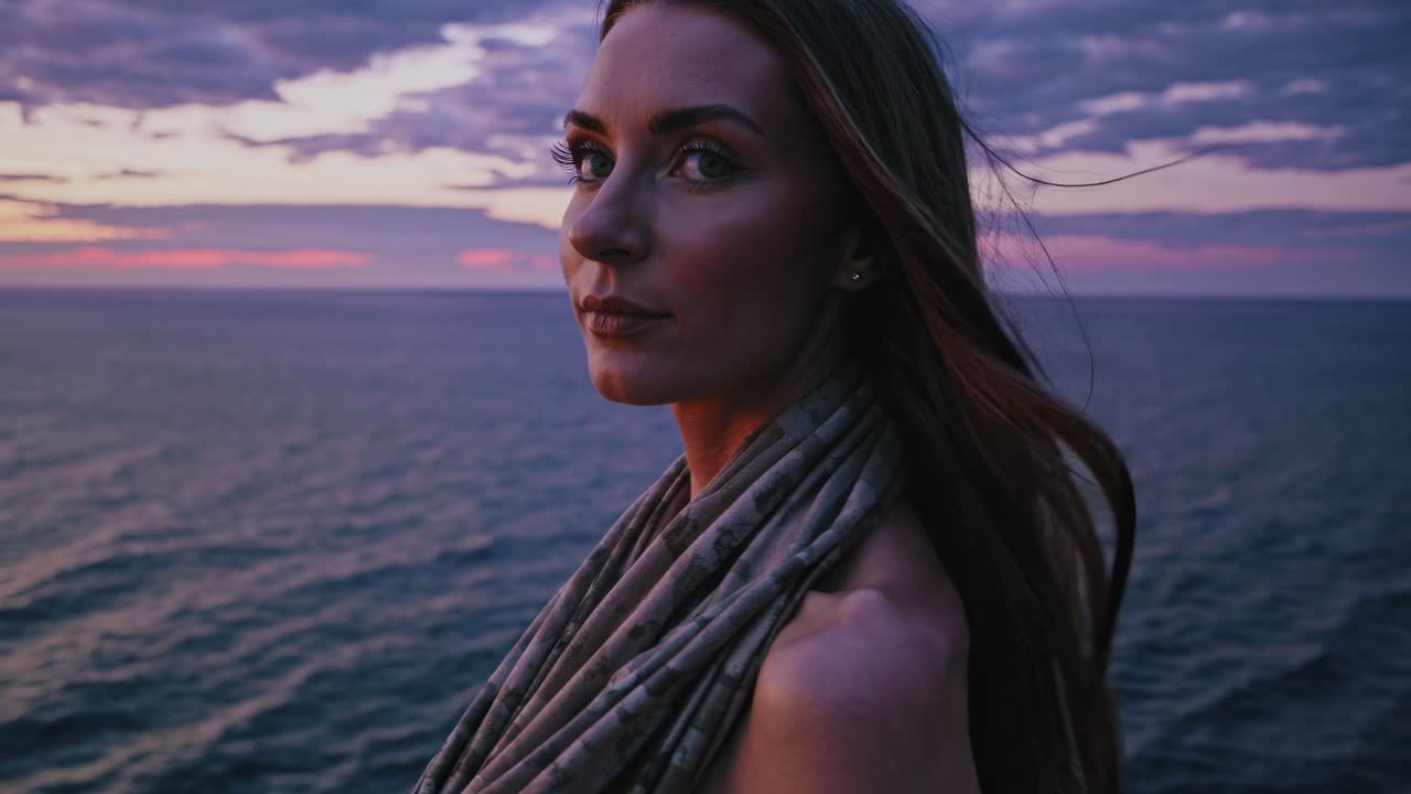 Un fermo immagine video cinematografico di una donna che ammira l'orizzonte sull'oceano al tramonto.