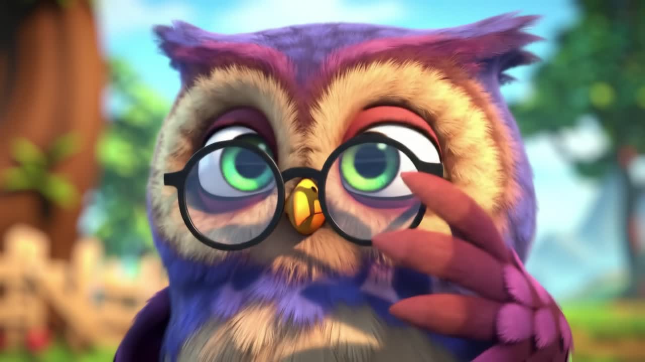 Adventurous Animated Owl with Expressive Eyes Transforms from Curious to Intellectual with Glasses in Two Frames Capturing a Whimsical Journey.