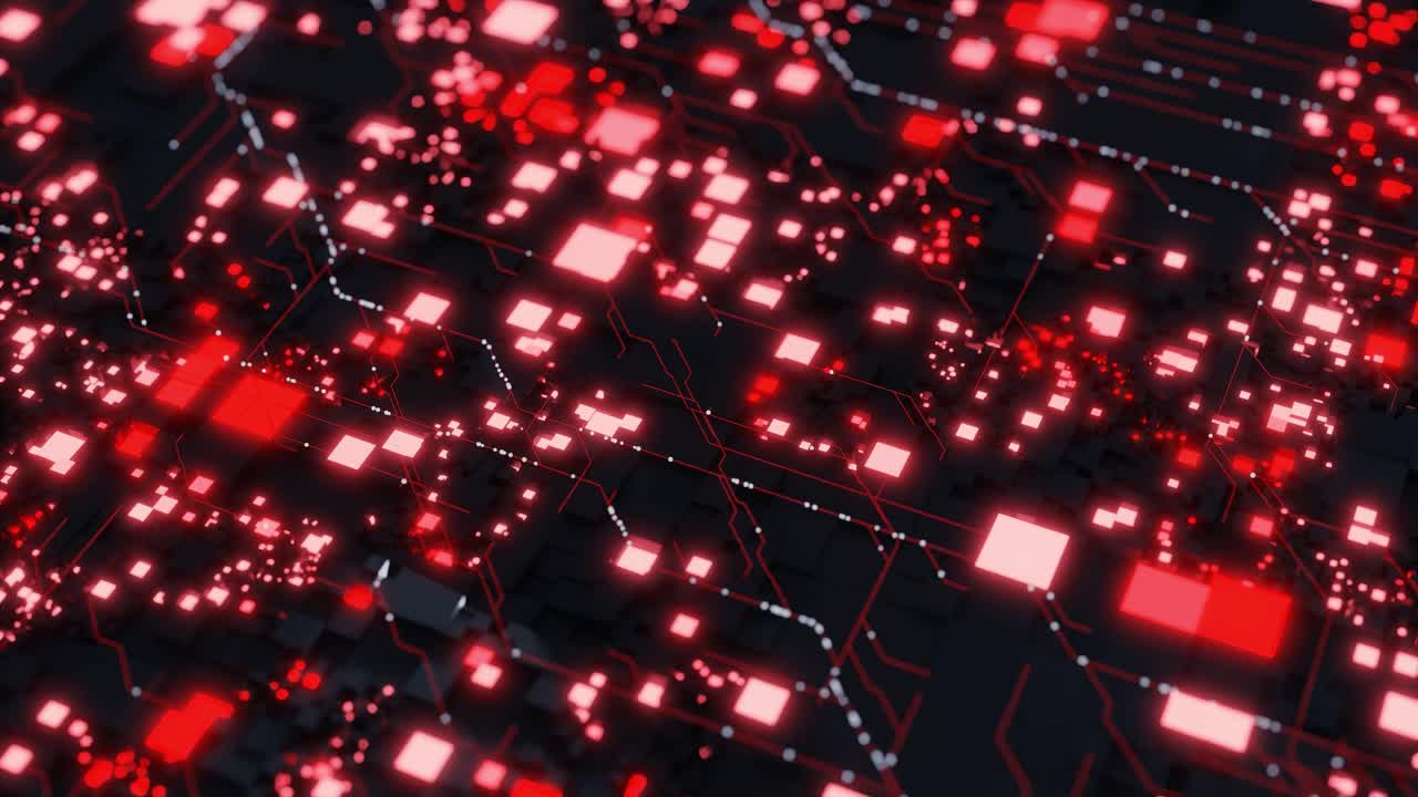 Abstract digital circuit pattern with glowing red lights and dark background. 3D render of futuristic technology board. Artificial intelligence and data processing concept. Design for banner