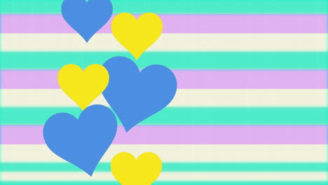 animación de corazones amarillos y azules que se elevan sobre rayas pastel en movimiento