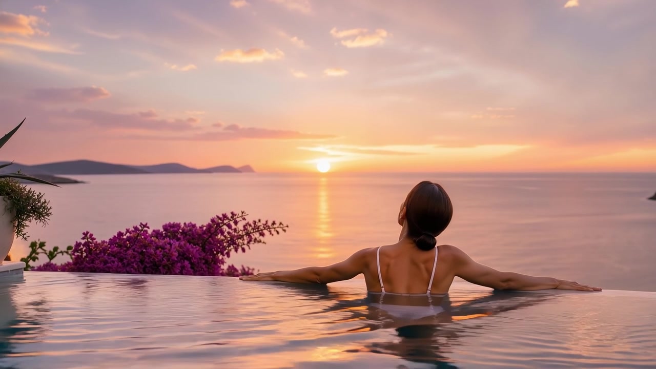 Mulher relaxando em uma piscina de borda infinita com vista para o oceano durante um lindo pôr do sol dourado