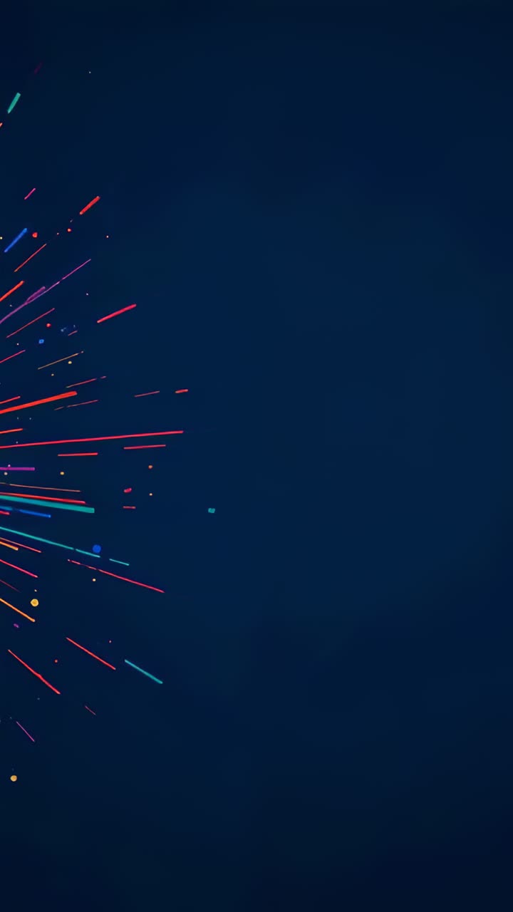 Video verticale: ripresa di scie luminose dal nucleo sinistro che pulsa e scoppia creando un bagliore su un blu intenso