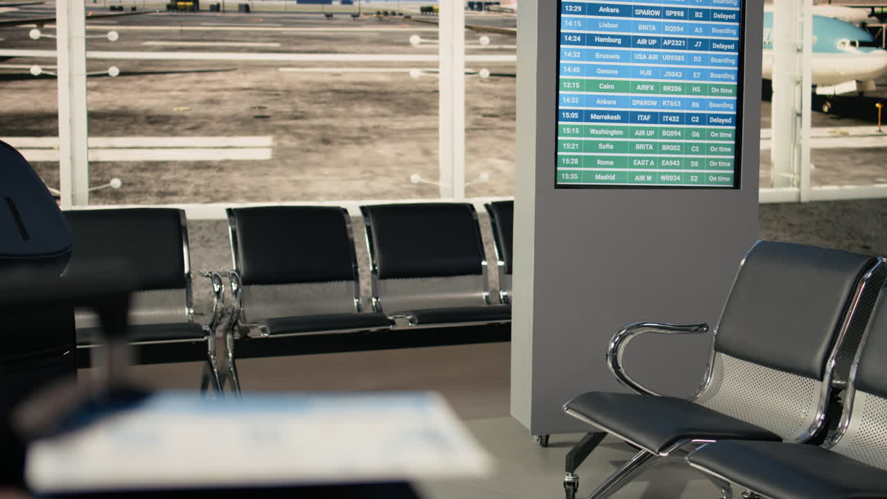 Passaporto e biglietto aereo, primo piano, terminal aeroportuale vuoto, snodo di trasporto