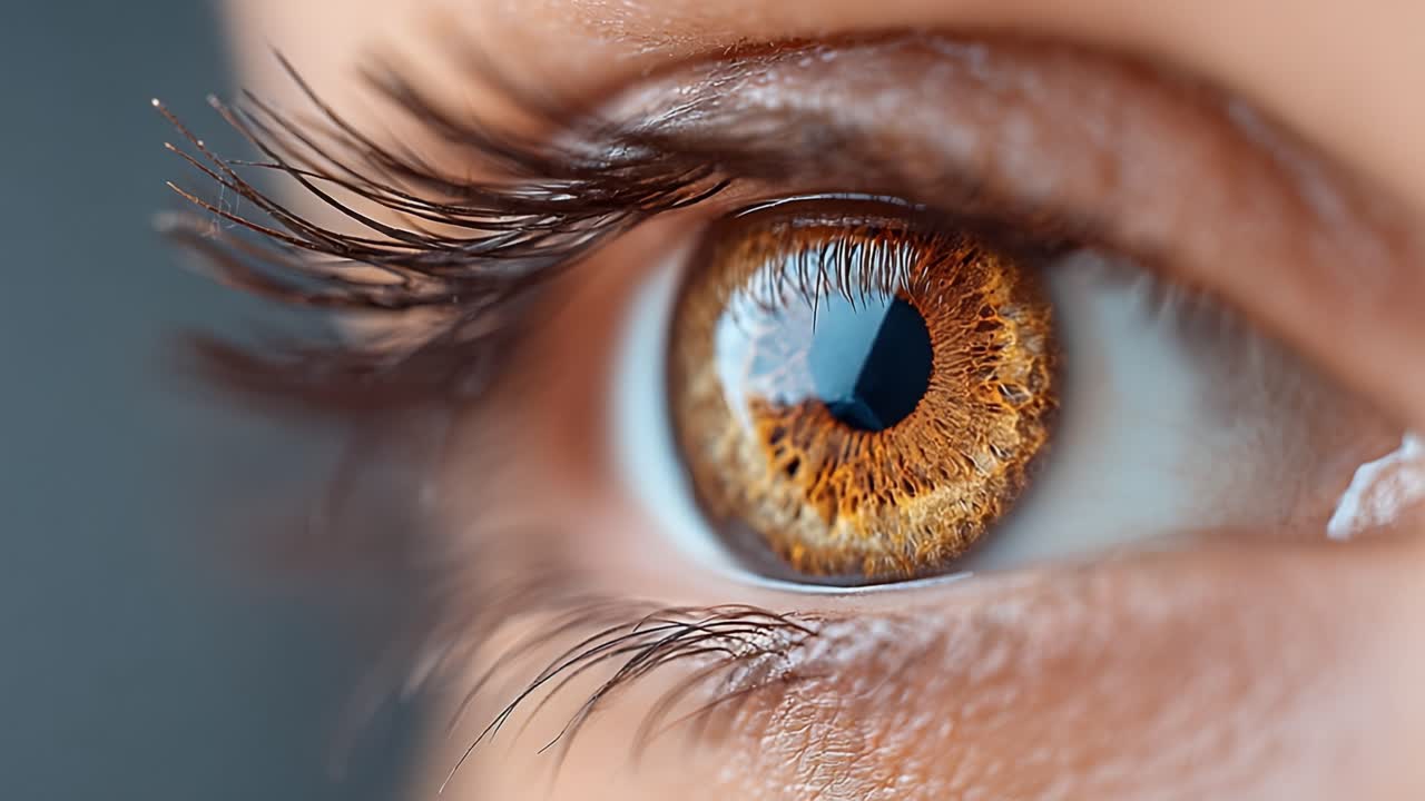 Captivating Close-Up of an Eye: A Stunning Display of Iris Patterns and Rich Coloration in the Glimmering Eye Detail Revealing Nature's Intricacies