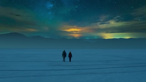 the two tourists walking through the snow field on the starry sky background