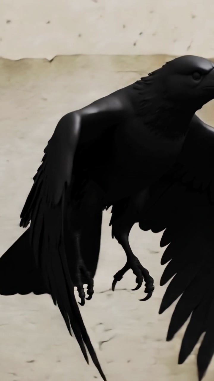 Vertical video: Shifting crow morphing from white line to black 3D, flapping across backdrop to fly