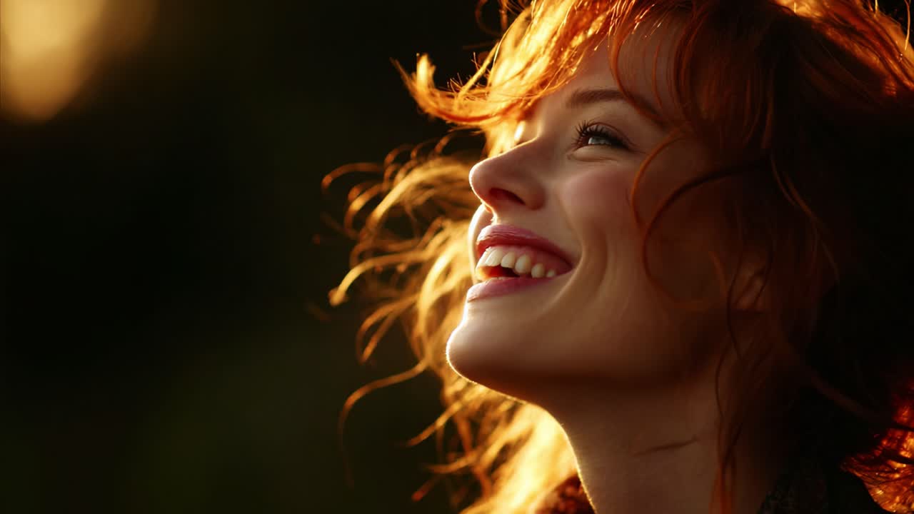 A Joyful Woman With Radiant Red Hair Smiles Brightly in the Warm Evening Light, Capturing a Moment of Happiness and Serenity Amidst Nature's Beauty