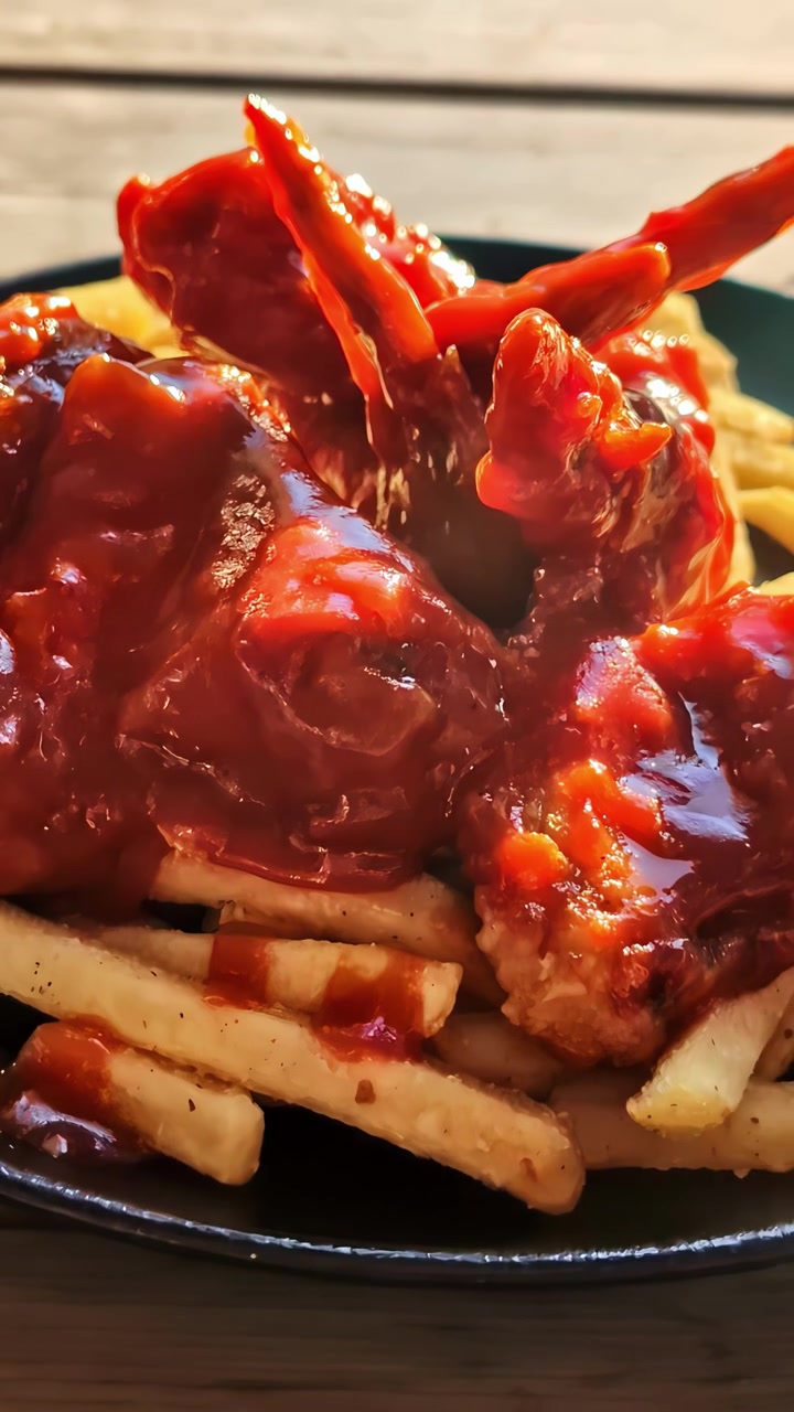 Primo piano di alette di pollo piccanti con salsa servite su patatine fritte, all'interno.