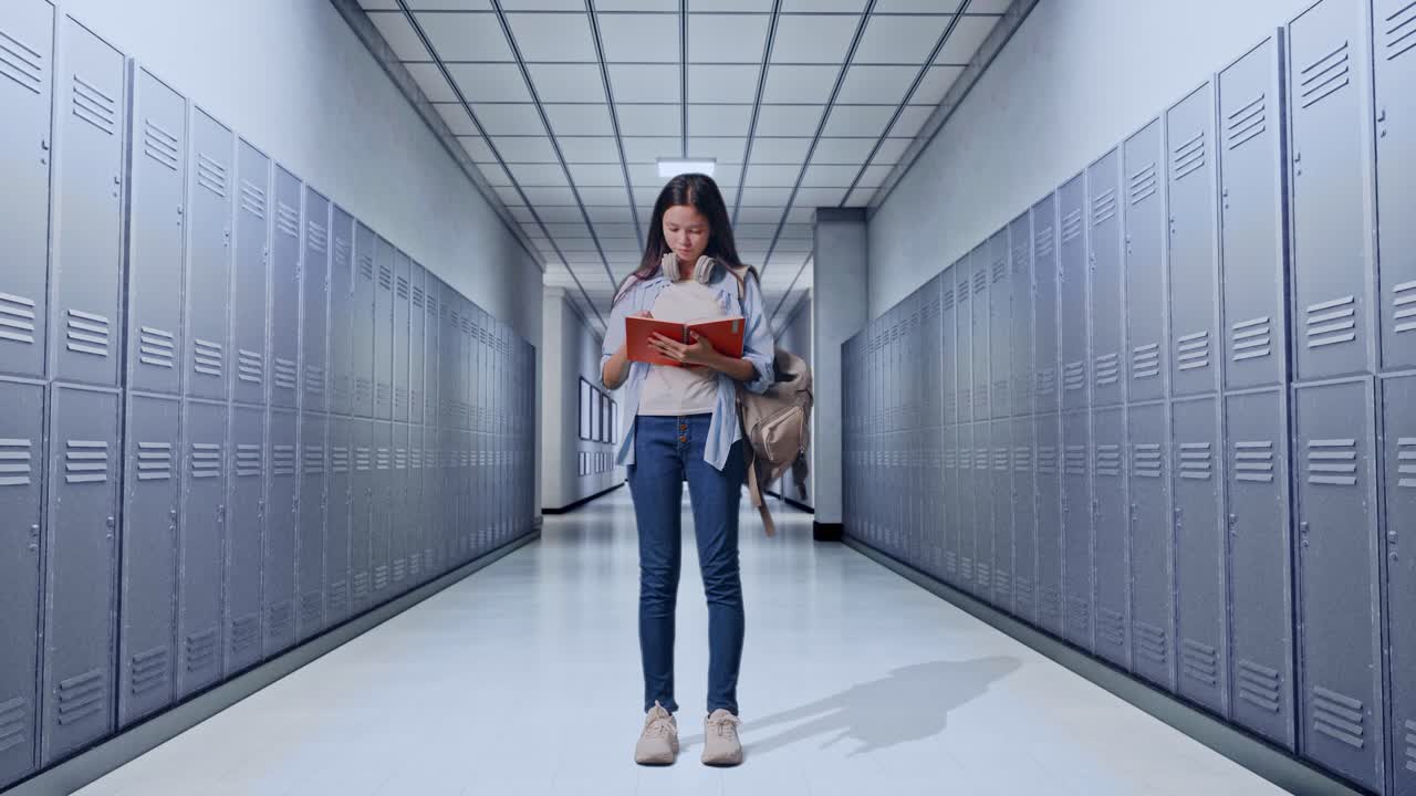 cuerpo lleno de estudiante adolescente asiática con una mochila tomando notas en el cuaderno y pensando mientras estaba de pie en el pasillo