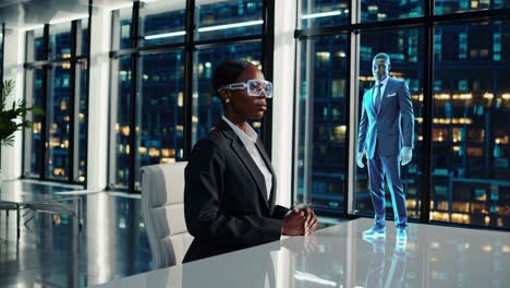 businesswoman using ar/vr technology in a modern office