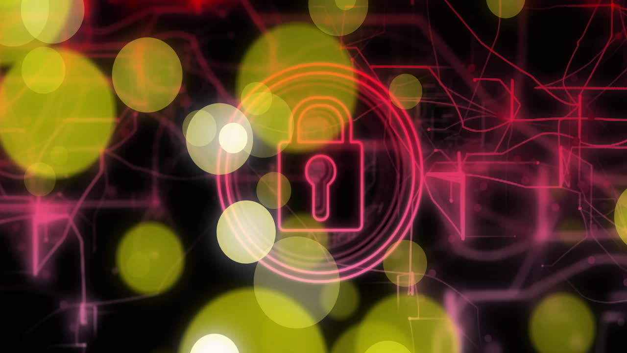 animación del candado, los senderos de luz y el procesamiento de datos sobre un fondo negro