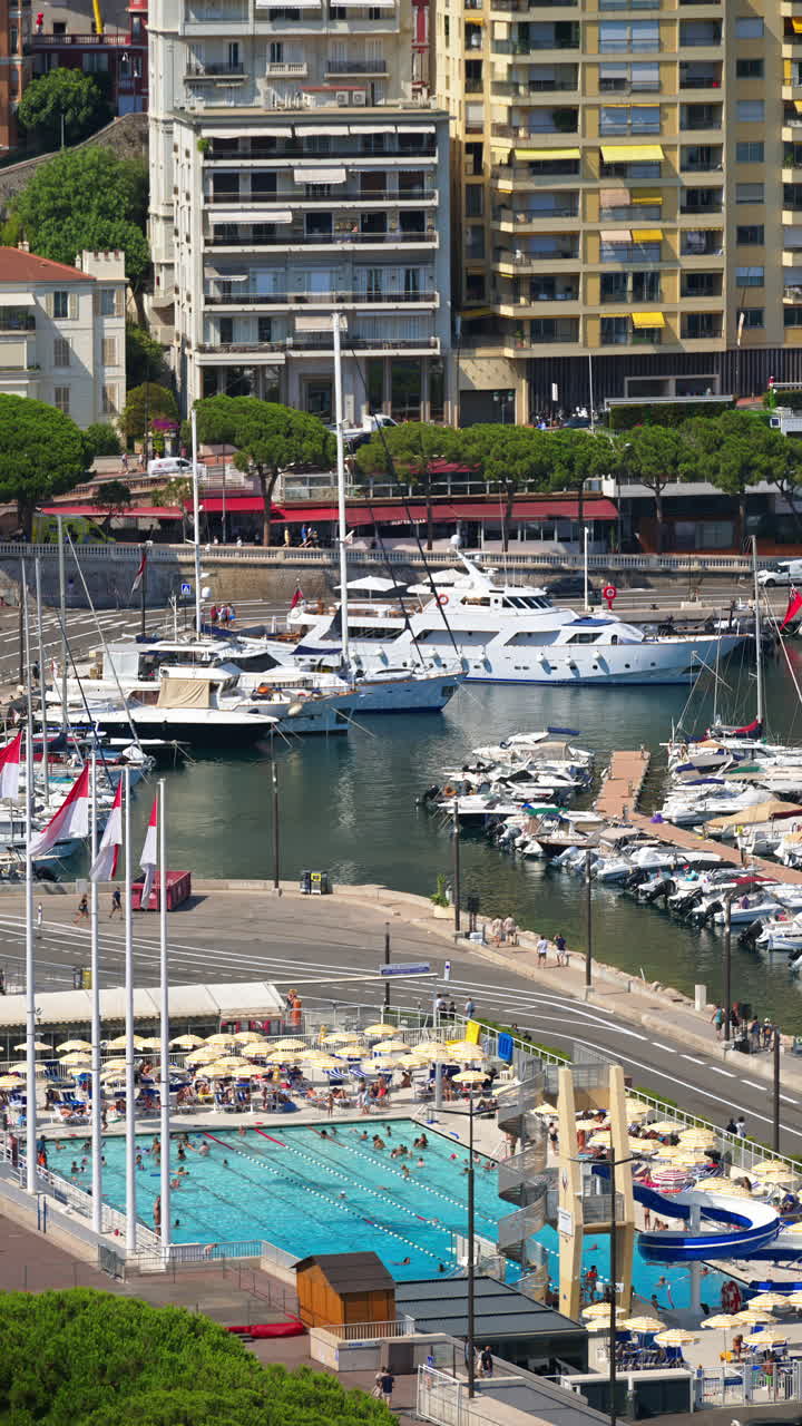 Vista aerea del complesso sportivo dello Stadio Nautico Rainier III. Verticale