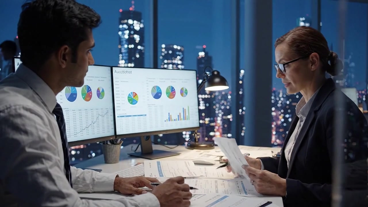 Profesjonelle engasjert i dataanalyse og finansiell planlegging under et kveldsmøte på et moderne kontor med utsikt over byens silhuett