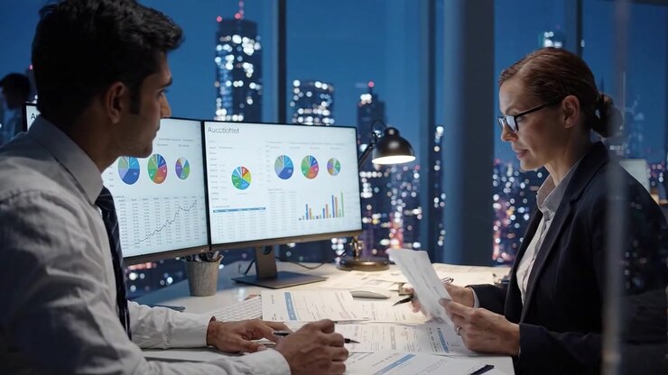 Professionals Engaged in Data Analysis and Financial Planning During Nighttime Meeting in a Modern Office with City Skyline View