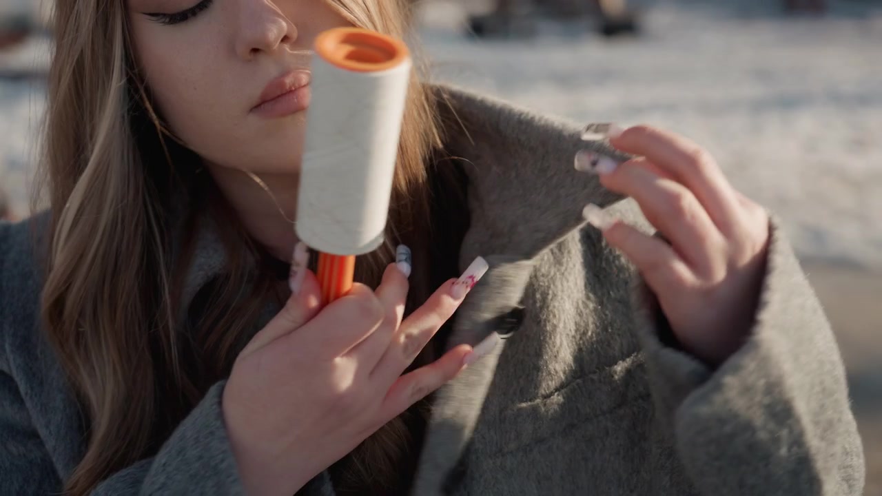 Bella donna che si sistema il colletto del cappotto mentre usa un levapelucchi, viso illuminato dal sole e lunghi capelli che le cadono sulla spalla, trucco leggero e sguardo pensieroso, sfondo di parco urbano e atmosfera tranquilla da pendolare